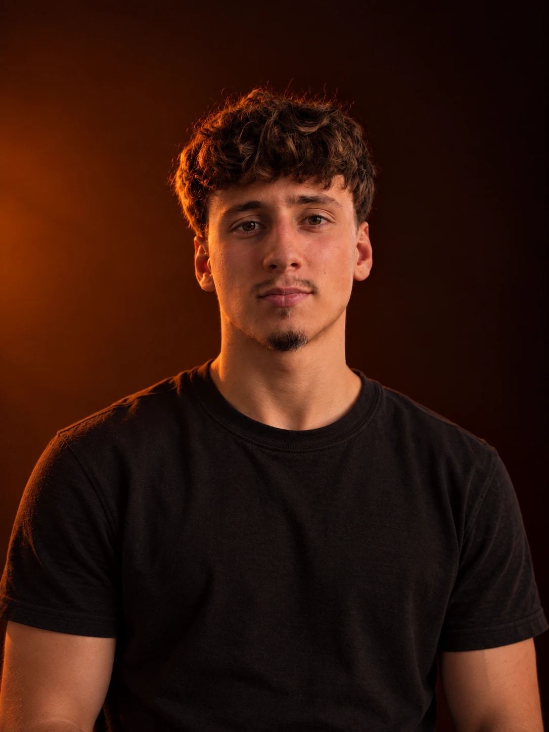 Porträt von Eliah Ellinger: junger Mann mit dunklen Locken und schwarzem T-Shirt vor warm beleuchtetem Hintergrund